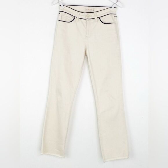 Tori Burch Natural Cream Straight Leg Jeans with High-Waisted Design. - Picture 5 of 6